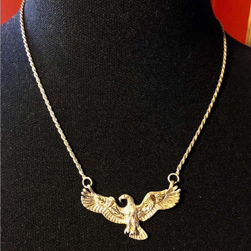 1731 VTG 925 Sterling Silver W 10K Tri Color Gold Wings Eagle Necklace
